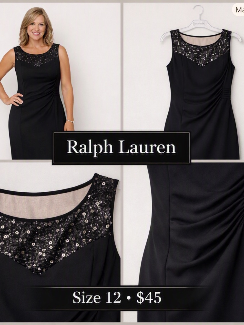 Ralph Lauren Black Sequin Yoke Sleeveless Cocktail Dress